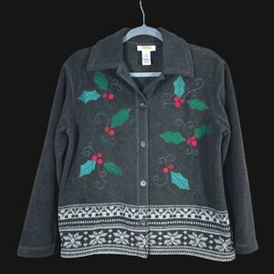 Talbots Petites Gray Fleece Button Front Christmas Holly Snowflake Jacket P